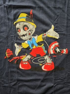 Graphic Robot Pinocchio Tee - Black with Red, Yellow & Blue Artwork